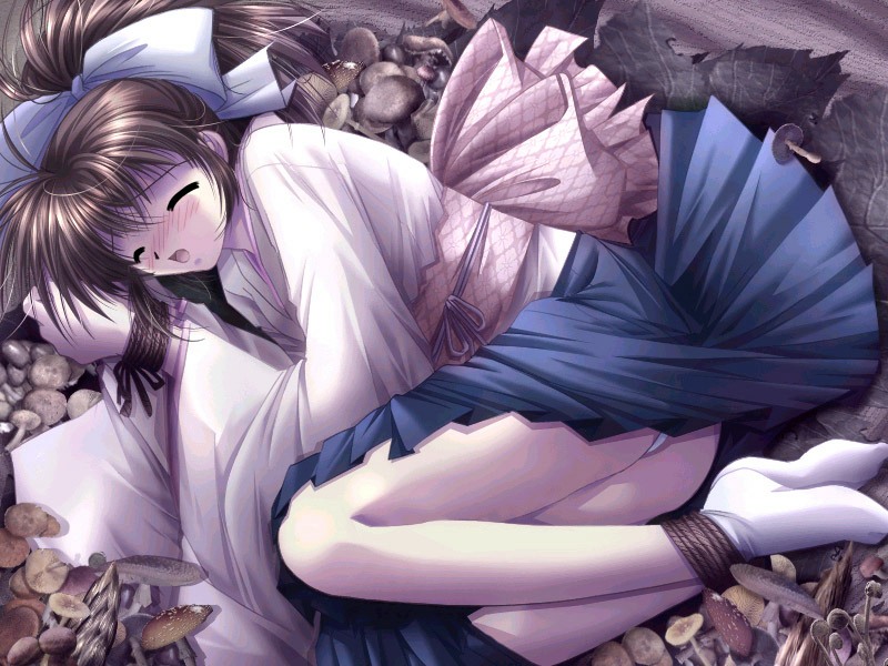 bdsm blush bondage bound brown_hair closed_eyes game_cg izumo japanese_clothes long_sleeves lying minase_nanami mushroom on_side open_mouth panties pantyshot pantyshot_(lying) ponytail rope socks solo underwear white_panties yamamoto_kazue