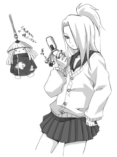 akatsuki_(naruto) akatsuki_uniform artist_request cardigan cellphone cellphone_charm crossdressing deidara directional_arrow flip_phone greyscale hair_over_one_eye hello_kitty hello_kitty_(character) holding holding_cellphone holding_phone long_hair long_sleeves looking_at_phone male_focus miniskirt monochrome naruto naruto_(series) naruto_shippuuden otoko_no_ko phone pleated_skirt sailor_collar school_uniform serafuku simple_background skirt translation_request