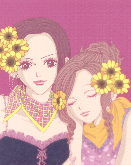 arm_support bare_shoulders brown_eyes brown_hair closed_mouth collarbone drill_hair earrings flower flower_earrings fringe_trim hair_flower hair_ornament hand_on_own_cheek head_rest jewelry komatsu_nana lips looking_at_viewer multiple_girls nail_polish nana_(series) osaki_nana pink_background pink_lips pink_nails ponytail sidelocks simple_background sleeveless spaghetti_strap upper_body yazawa_ai