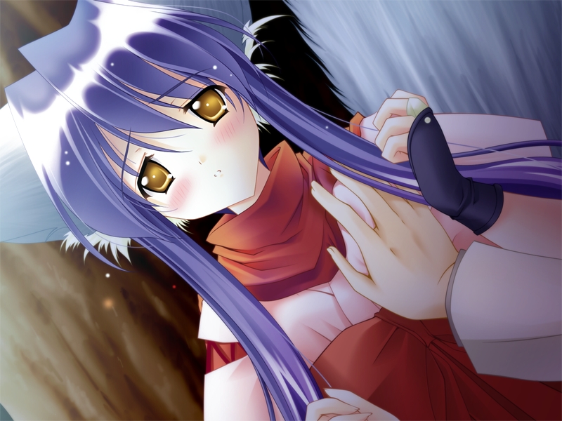 animal_ears blue_hair blush breast_grab breasts cat_ears dutch_angle game_cg grabbing koma_(tail_tale) long_sleeves louis&amp;visee orbit small_breasts solo_focus tail tail_tale tree yellow_eyes