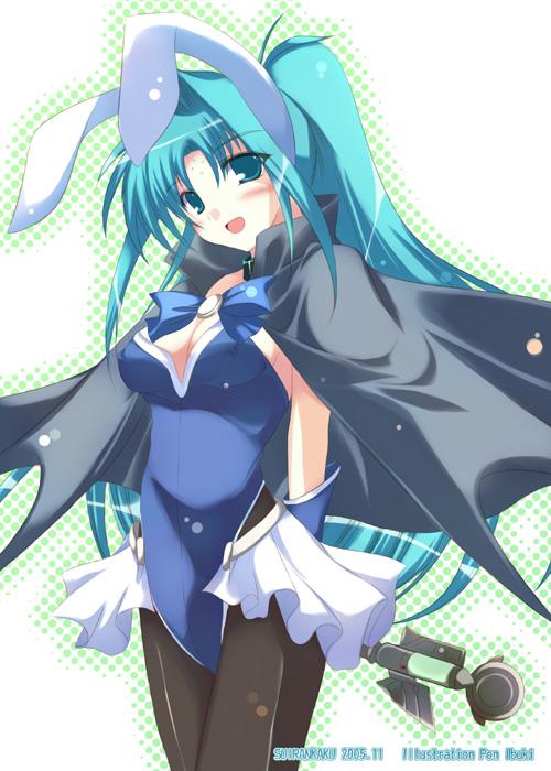 animal_ears blue_eyes blue_leotard blush breasts bunny_ears bunnysuit cape cleavage facial_mark forehead_mark gloves green_hair ibuki_pon leotard lindy_harlaown long_hair lyrical_nanoha mahou_shoujo_lyrical_nanoha medium_breasts pantyhose ponytail solo wand