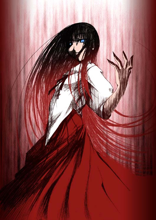 artist_request black_hair blue_eyes bow evil_smile hairband long_hair long_skirt red_skirt skirt smile solo toono_akiha tsukihime