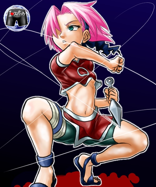 ankle_boots arched_soles ass_visible_through_thighs bandaged_leg bandages bike_shorts blue_background blue_footwear boots boro breasts crop_top forehead_protector green_eyes green_shorts hair_over_one_eye haruno_sakura holding holding_weapon kunai looking_to_the_side midriff miniskirt naruto naruto_(series) navel ninja parted_lips pink_hair red_shirt red_skirt shirt short_hair short_sleeves shorts shorts_under_skirt side_slit simple_background skirt small_breasts solo spandex squatting stomach toeless_boots translated underboob v-neck weapon
