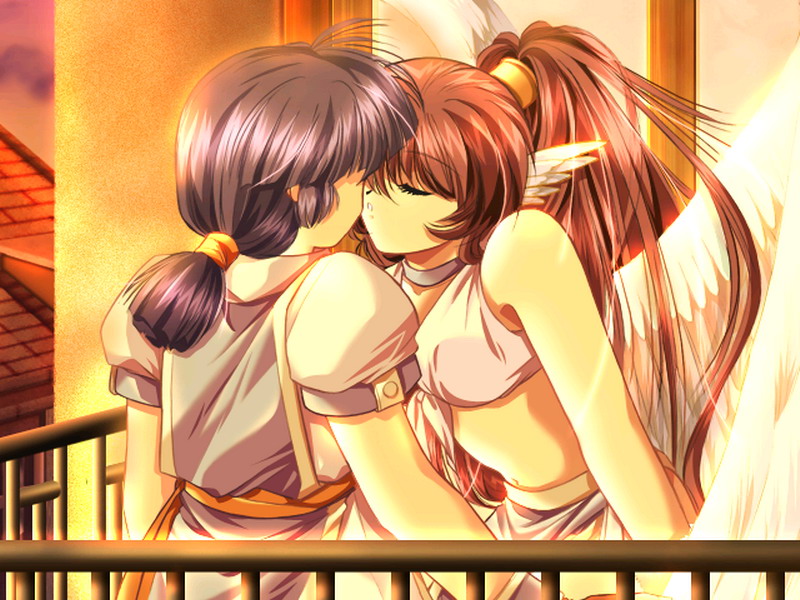 1girl angel angel_wings blue_hair choker closed_eyes couple crif game_cg head_wings hetero kiss long_hair lucy_fouque men_at_work!_2 midriff ponytail red_hair sunset wings yamamoto_kazue