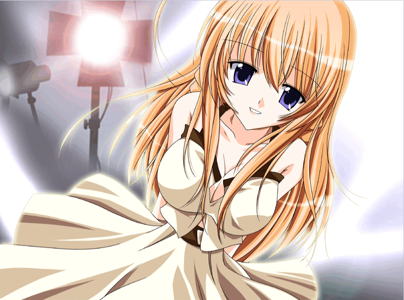 ahoge arms_behind_back artist_request blonde_hair blue_eyes breasts cleavage dress game_cg gif_artifacts large_breasts leaning_forward long_hair replay_4 smile solo spotlight yoon_chae_rin