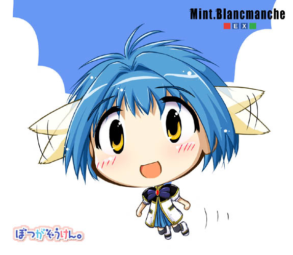 animal_ears azumanga_daiou blue_hair blue_skirt blush character_name flying galaxy_angel mint_blancmanche non-web_source parody short_hair skirt solo