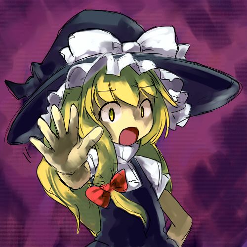blonde_hair bow hair_bow hat hat_bow hirosato kirisame_marisa lowres solo stop touhou white_bow witch_hat yellow_eyes