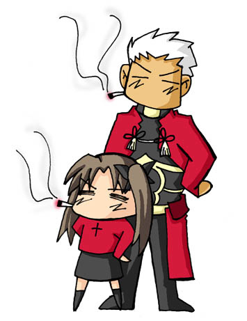 1girl archer artist_request chibi cigarette dark_skin dark_skinned_male fate/stay_night fate_(series) long_sleeves lowres size_difference smoking thighhighs toosaka_rin turtleneck