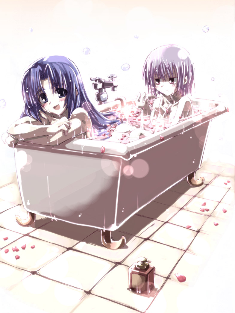 asakura_ryouko bath bathtub bubble claw_foot_bathtub multiple_girls nagato_yuki nude open_mouth petals shared_bathing smile suzumiya_haruhi_no_yuuutsu tokyo_(great_akuta)