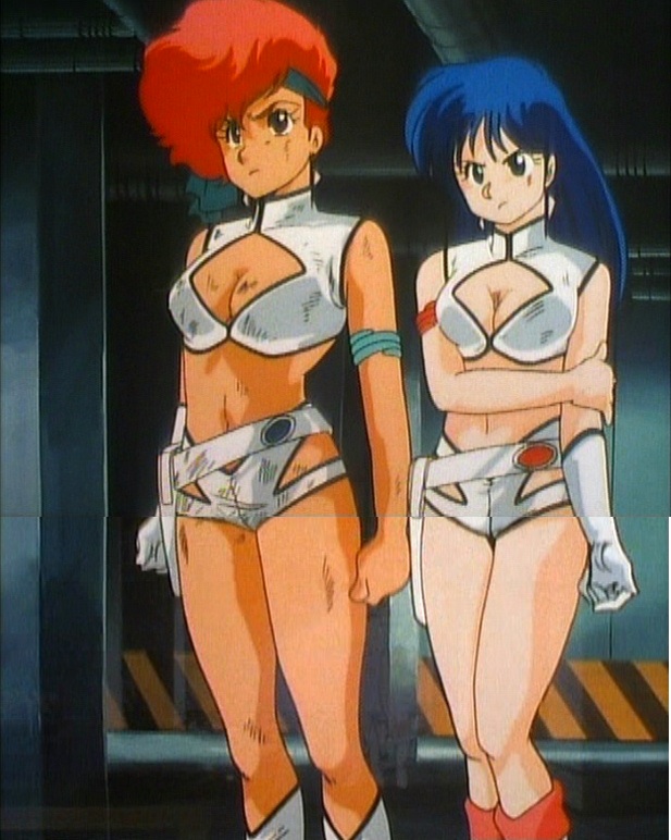 80s :/ angry armlet belt blue_hair boots cleavage_cutout clenched_hand dark_skin dirty dirty_clothes dirty_pair gloves holster kei_(dirty_pair) multiple_girls oldschool red_hair screencap single_glove stitched third-party_edit yuri_(dirty_pair)