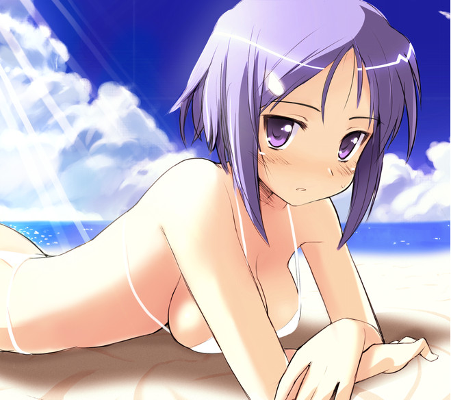 beach bikini breasts cleavage cloud copyright_request crossed_arms day expressionless light_rays looking_at_viewer lying medium_breasts on_stomach outdoors purple_eyes purple_hair short_hair sikorsky sky solo swimsuit tan thong_bikini white_bikini
