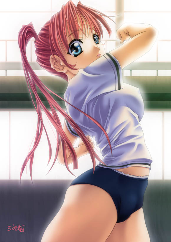 artist_request blue_eyes breasts buruma copyright_request covered_nipples gym_uniform large_breasts long_hair pink_hair ponytail signature solo