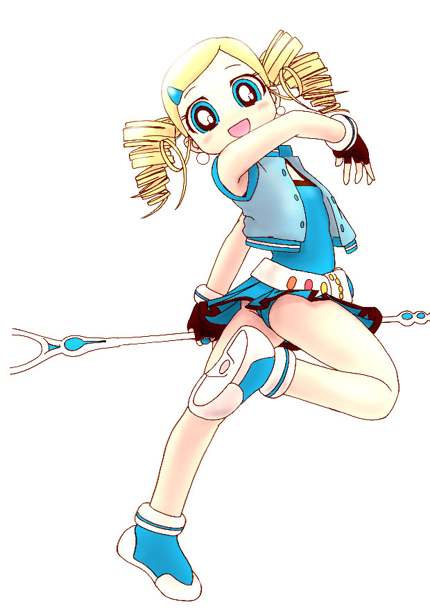 artist_request ass blonde_hair blue_eyes blue_skirt drill_hair earrings fingerless_gloves gloves goutokuji_miyako jacket jewelry leg_up looking_at_viewer pearl_earrings powerpuff_girls_z rolling_bubbles shoes skirt sneakers solo staff twin_drills twisted_torso upskirt white_background