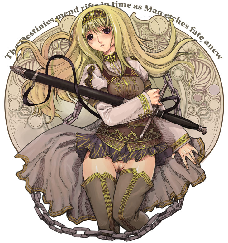 alicia_(valkyrie_profile_2) art_nouveau blonde_hair blue_eyes boots hairband kazu long_hair long_sleeves lowleg no_panties overskirt pubic_hair puffy_sleeves sheath sheathed skirt solo standing sword thigh_boots thighhighs valkyrie_profile valkyrie_profile_2 weapon
