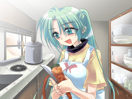apron cooking fujitaka_(akasora) green_eyes green_hair higurashi_no_naku_koro_ni kitchen knife long_hair lowres ponytail shirt solo sonozaki_mion t-shirt