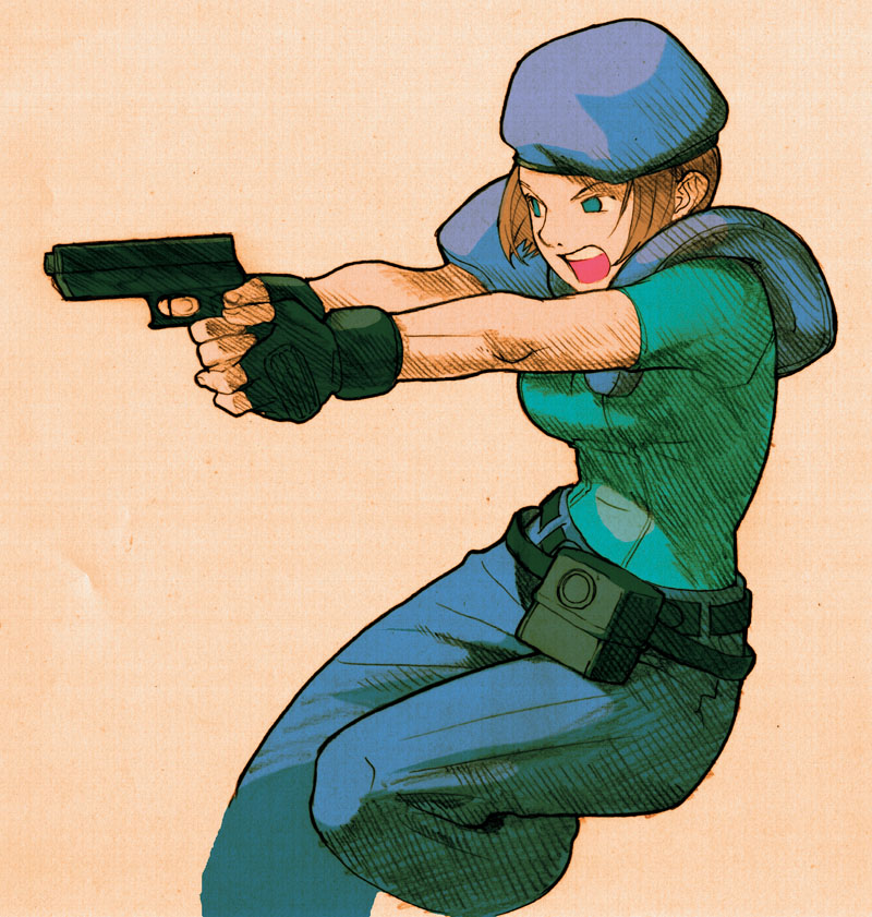 :o angry armor belt belt_pouch bengus beret blue_eyes brown_hair denim fighting_stance fingerless_gloves gloves gun handgun hat holding holding_gun holding_weapon jeans jill_valentine leg_lift looking_away marvel_vs._capcom marvel_vs._capcom_2 official_art open_mouth outstretched_arm pants pistol police police_uniform policewoman pouch profile resident_evil scan short_hair simple_background sketch solo uniform weapon