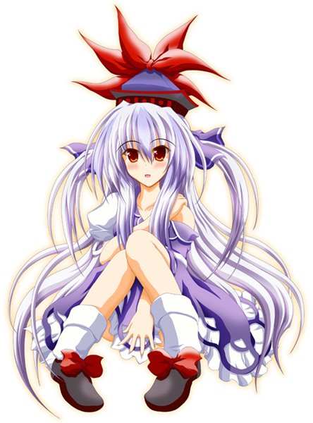 artist_request blush bow hat kamishirasawa_keine long_hair looking_at_viewer open_mouth purple_hair red_eyes simple_background sitting socks solo touhou very_long_hair white_background white_legwear