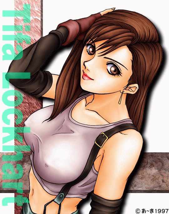 artist_request breasts brown_hair character_name final_fantasy final_fantasy_vii large_breasts long_hair solo suspenders tifa_lockhart upper_body