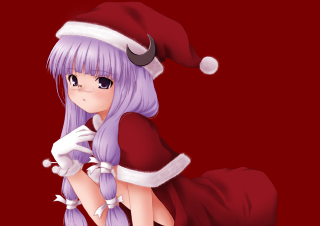 alternate_costume bespectacled christmas crescent glasses gloves hat long_hair makkuroh_(pixiv) md5_mismatch patchouli_knowledge purple_hair red_background santa_costume santa_hat simple_background solo touhou white_gloves