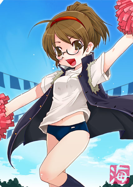 brown_hair buruma cheerleader glasses gym_uniform kaisanbutsu original pom_poms school_uniform solo