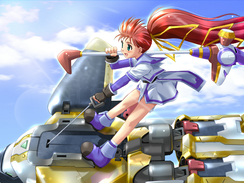 :d aoi_sora_no_neosphere aoi_umi_no_tristia aqua_eyes black_gloves blue_footwear blue_sky boots cloud day fingerless_gloves flying from_side full_body gloves komatsu_eiji nanoca_flanka open_mouth outdoors over_shoulder ponytail red_hair sky smile standing sunlight tenzan uniform weapon weapon_over_shoulder