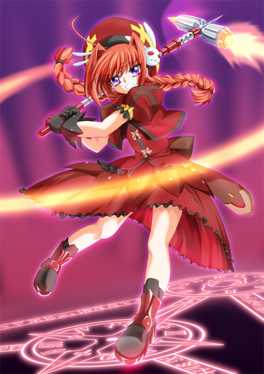 ahoge artist_request black_gloves braid clenched_teeth cropped_jacket dress gloves graf_eisen hammer hat holding holding_weapon jacket long_skirt looking_at_viewer lyrical_nanoha magic_circle magical_girl mahou_shoujo_lyrical_nanoha mahou_shoujo_lyrical_nanoha_a's motion_lines open_clothes open_jacket purple_background purple_eyes red_dress red_hair shoes skirt solo teeth twin_braids twintails vita weapon