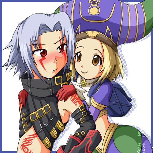 .hack//g.u. 1boy 1girl artist_request backpack bag blonde_hair blush brown_eyes elbow_gloves gloves haseo_(.hack//) hat hug lowres midriff red_eyes sakubo_(.hack//) short_hair silver_hair smile strap tattoo