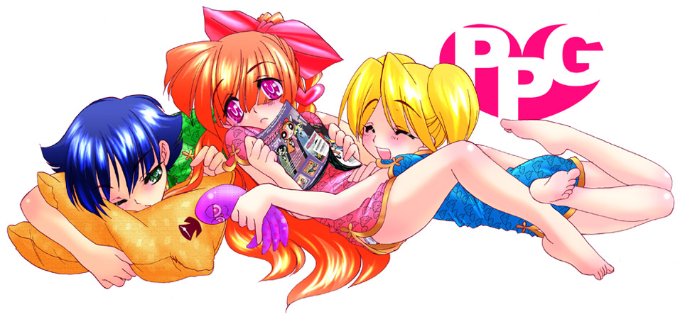 artist_request barefoot blonde_hair blossom_(ppg) blue_hair bow bubbles_(ppg) buttercup_(ppg) china_dress chinese_clothes closed_eyes dress feet green_eyes hair_bow hat legs lying multiple_girls octi one_eye_closed orange_hair pillow pink_eyes powerpuff_girls