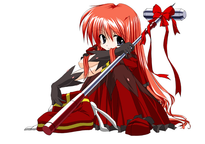 alternate_hairstyle black_gloves blue_eyes bow duplicate full_body gloves graf_eisen hair_down hammer long_hair looking_at_viewer lyrical_nanoha mahou_shoujo_lyrical_nanoha mahou_shoujo_lyrical_nanoha_a's nonohara_nyorai red_hair ribbon simple_background smile solo untied vita white_background