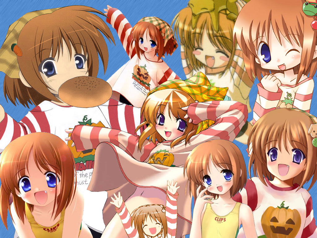 arms_up bandana blue_eyes blush blush_stickers bottomless brown_hair child collage convenient_censoring fang flat_chest food frog gayarou hair_ornament hairclip mouth_hold navel object_on_head one-piece_swimsuit one_eye_closed orange_hair plaid pumpkin short_hair striped suigetsu swimsuit third-party_edit waha wallpaper yamato_suzuran