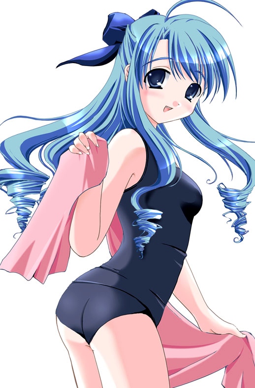 ahoge ass blue_eyes blue_hair blush bow copyright_request drill_hair duplicate hair_bow half_updo long_hair looking_back one-piece_swimsuit pure_cruel school_swimsuit smile solo swimsuit towel