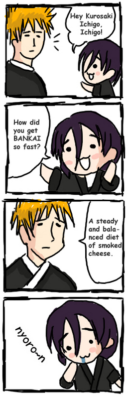 1girl 4koma bleach cheese comic food hair_between_eyes hard_translated kuchiki_rukia kurosaki_ichigo long_sleeves nyoro~n parody smoked_cheese translated