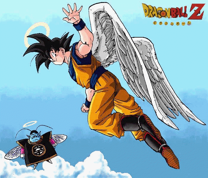 angel antennae cloud dragon_ball dragon_ball_z glasses halo jpeg_artifacts multiple_boys north_kaiou son_gokuu sunglasses wings