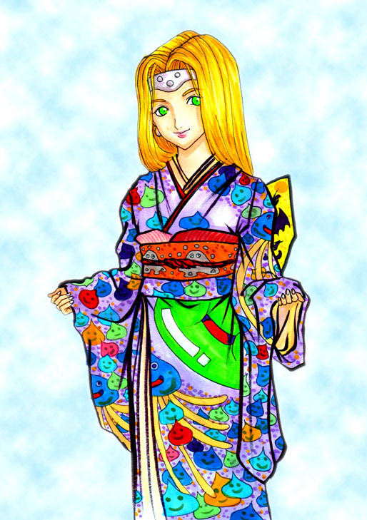 alternate_costume artist_request blonde_hair circlet dragon_quest dragon_quest_vi green_eyes japanese_clothes kimono long_hair long_sleeves mireyu solo