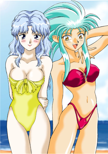 aic arms_behind_back artist_request beach bikini blue_eyes blue_hair blush breasts cleavage company_connection crossover day el_hazard green_hair highleg highleg_swimsuit ifurita large_breasts long_hair multiple_girls navel outdoors ryouko_(tenchi_muyou!) smile spiked_hair standing swimsuit tenchi_muyou! water yellow_eyes