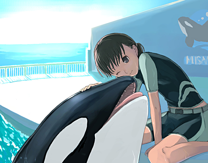 animal brown_eyes brown_hair day kimidorin kneeling ocean orca original railing sky smile teeth tongue water