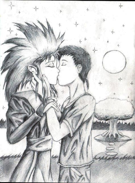 1girl artist_request couple greyscale hetero kiss masaki_tenchi monochrome ryouko_(tenchi_muyou!) spiked_hair tenchi_muyou!