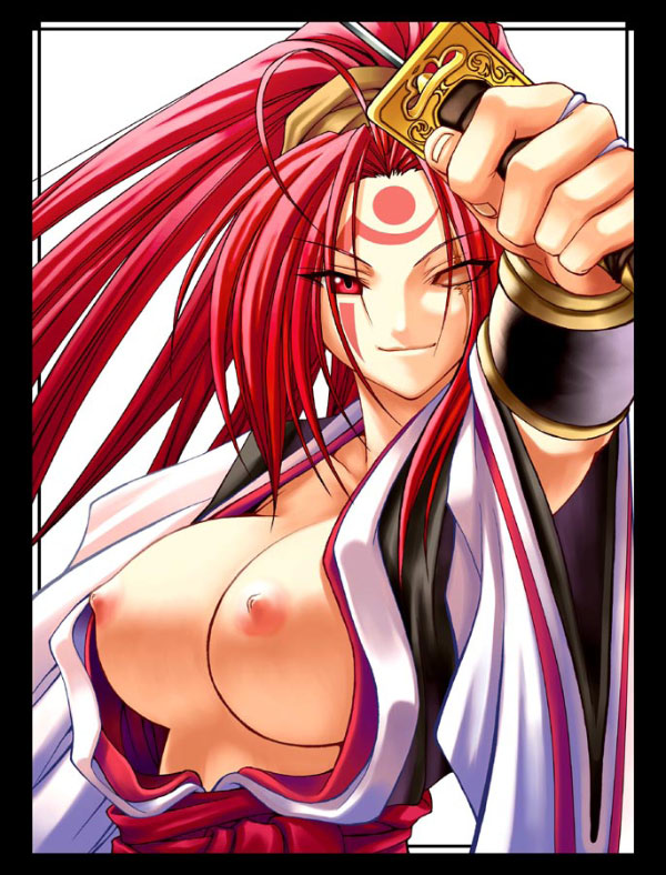 armor baiken breasts chiba_toshirou guilty_gear japanese_armor japanese_clothes kataginu kimono kote large_breasts nipples one-eyed open_clothes open_kimono pink_eyes pink_hair scar scar_across_eye smile solo sword weapon