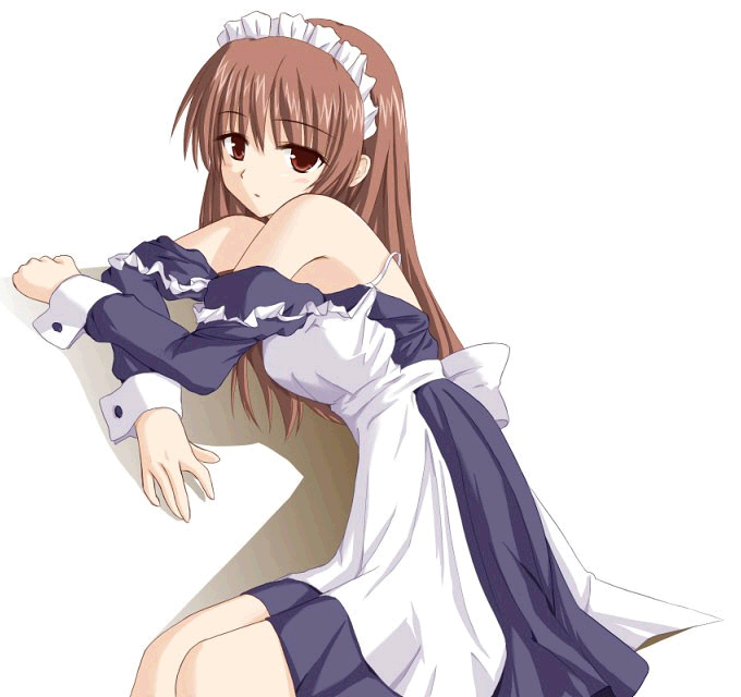 airi_(ukagaka) artist_request bare_shoulders brown_eyes brown_hair long_sleeves maid off_shoulder simple_background solo ukagaka undressing