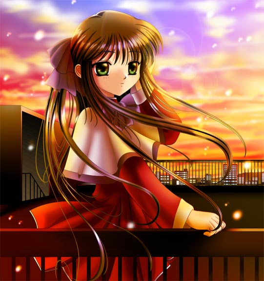 artist_request dusk kanon kawasumi_mai red_skirt rooftop skirt solo