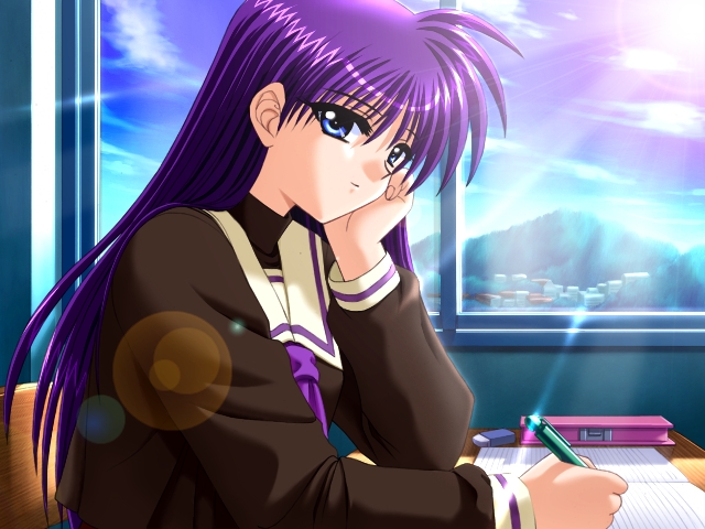 blue_eyes desk game_cg long_hair long_sleeves purple_hair school_uniform solo triangle_heart triangle_heart_3 tsukimura_shinobu tsuzuki_maki window