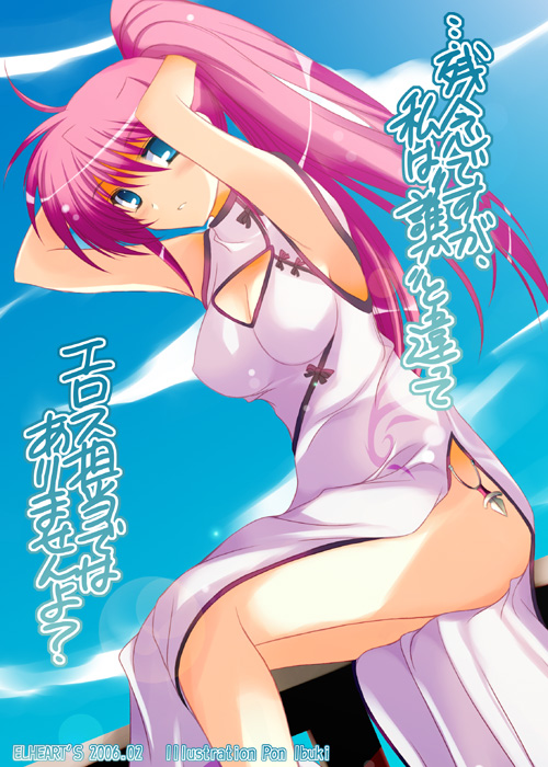 blue_eyes breasts cleavage cleavage_cutout ibuki_pon large_breasts long_hair lyrical_nanoha mahou_shoujo_lyrical_nanoha mahou_shoujo_lyrical_nanoha_a's pink_hair ponytail signum solo thighs