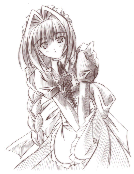 artist_request braid copyright_request long_hair long_sleeves maid monochrome solo