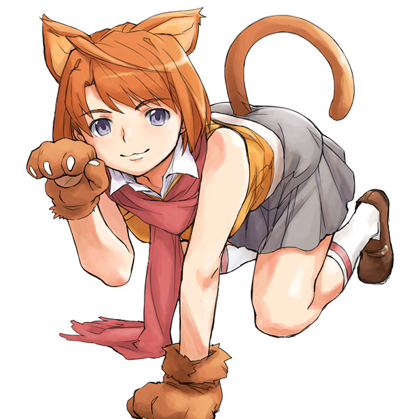 :3 animal_ears bent_over blue_eyes cat_ears kneehighs minato_fumi my-hime orange_hair orange_shirt paw_pose paws red_scarf scarf school_uniform shirt short_hair skirt smile socks solo tail tokiha_mai