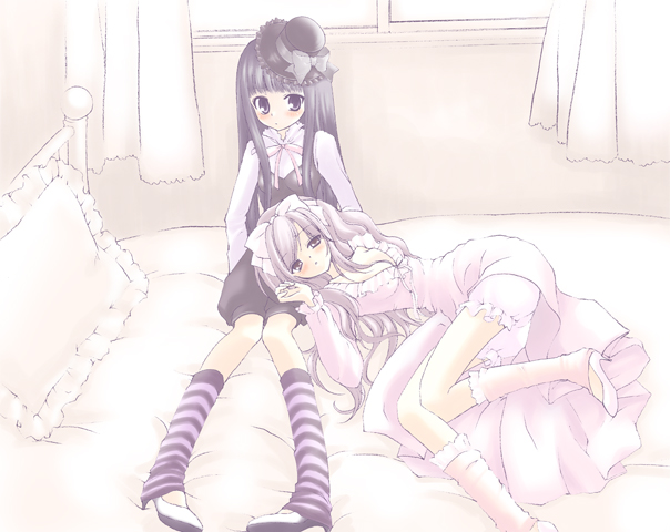 bed bow curtains dress hat hay high_heels lap_pillow leg_warmers long_sleeves lying mika_mikan mini_hat mini_top_hat multiple_girls original pillow purple_hair shoes striped top_hat