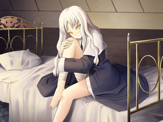 artist_request bandaged_leg bandages bangs barefoot bed black_dress blanket blush brick_wall capelet caren_hortensia dress fate/hollow_ataraxia fate/stay_night fate_(series) hand_on_own_knee head_tilt indoors leg_hug long_hair long_sleeves looking_at_viewer on_bed pillow sitting solo white_hair yellow_eyes