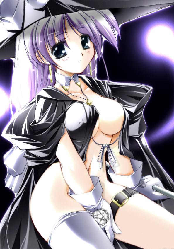 belt blue_eyes breasts cleavage cloak cross duplicate gloves hat large_breasts long_hair no_bra no_panties nomal open_clothes original pentagram purple_hair single_thighhigh solo thigh_strap thighhighs white_legwear witch witch_hat