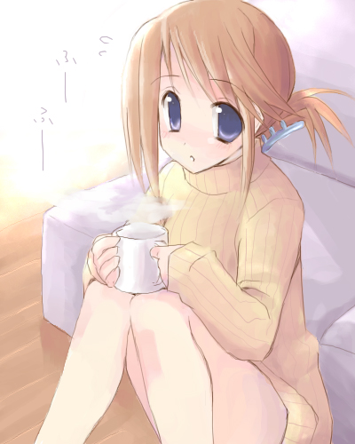 blue_eyes brown_hair cup flying_sweatdrops folded_ponytail hair_ornament hairclip kakifly komaki_manaka long_sleeves lowres mug ribbed_sweater sitting sleeves_past_wrists solo steam sweater to_heart_2