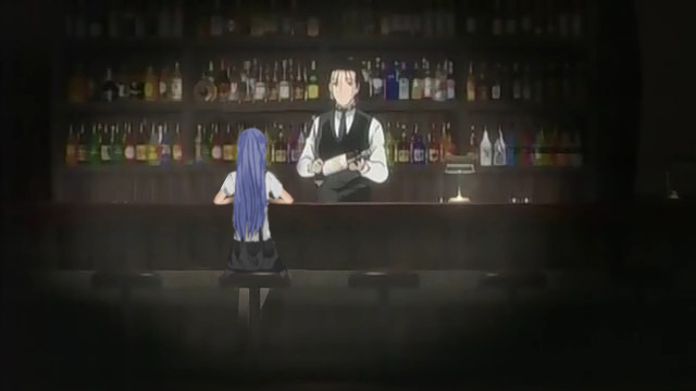 1girl bartender bartender_(series) crossover furude_rika higurashi_no_naku_koro_ni long_sleeves sasakura_ryuu screencap third-party_edit