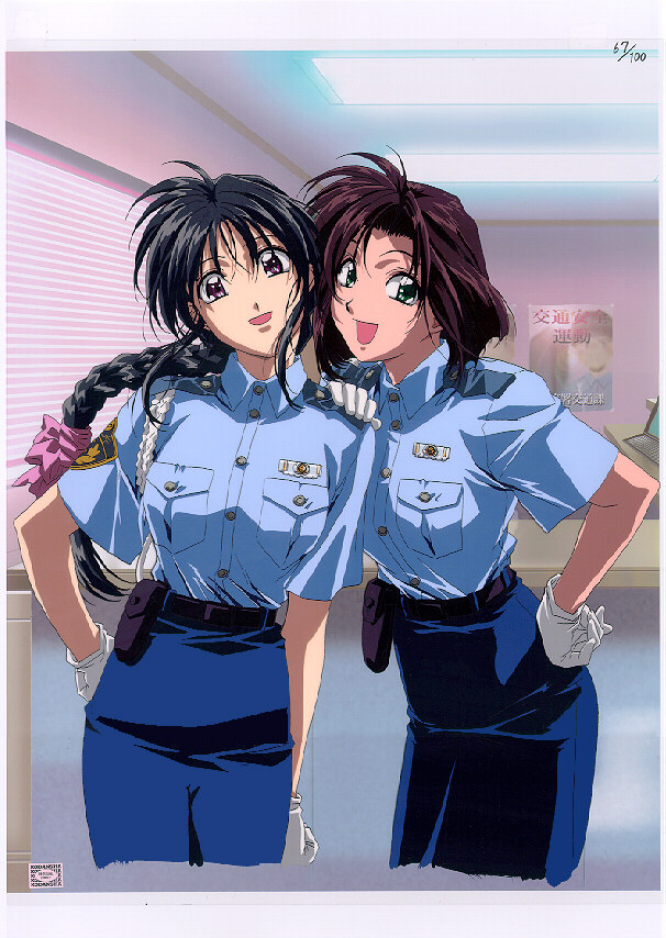 90s black_hair braid brown_hair gloves green_eyes kobayakawa_miyuki looking_at_viewer multiple_girls nakajima_atsuko pencil_skirt police police_uniform policewoman purple_eyes short_hair skirt tsujimoto_natsumi uniform white_gloves you're_under_arrest